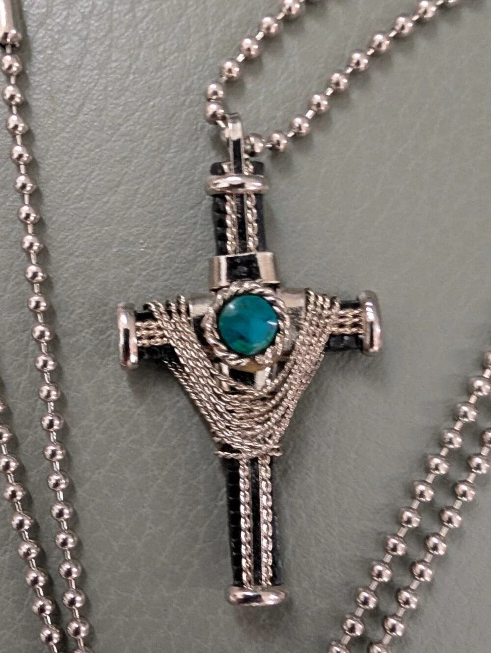Silver-Tone Men's Cross Pendant Necklace with Teal Stone